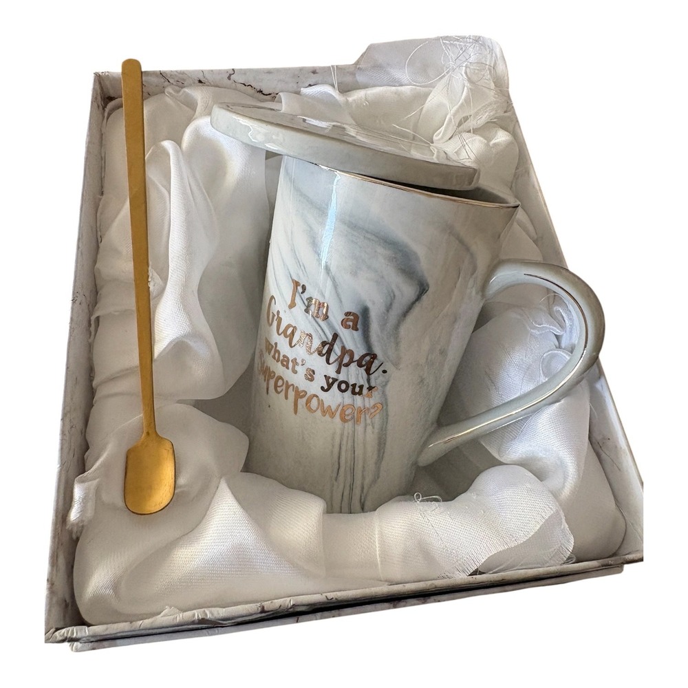 Grandpa Superpower Marble Ceramic Mug Gift Set with Lid and Gold Spoon Boxed
